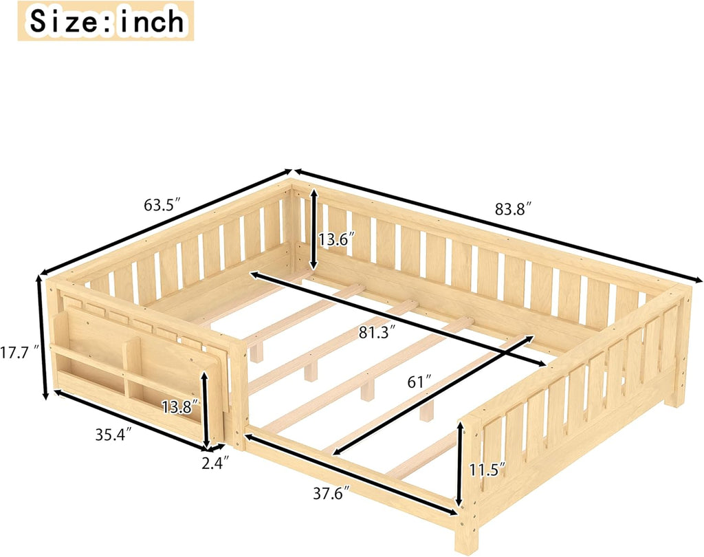 Bellemave Queen Size Floor Bed with Slats and Safety Guardrail, Queen Size Montessori Floor Bed with Fence and Built-in Bookshelf, Easy Assemble Montessori Beds for Girls, Boys, Light Natural