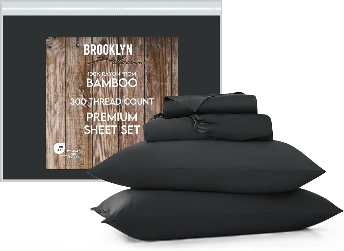 Brooklyn Loom 300 Thread Count 100% Rayon from Bamboo Charcoal 4 Piece Queen Sheet Set