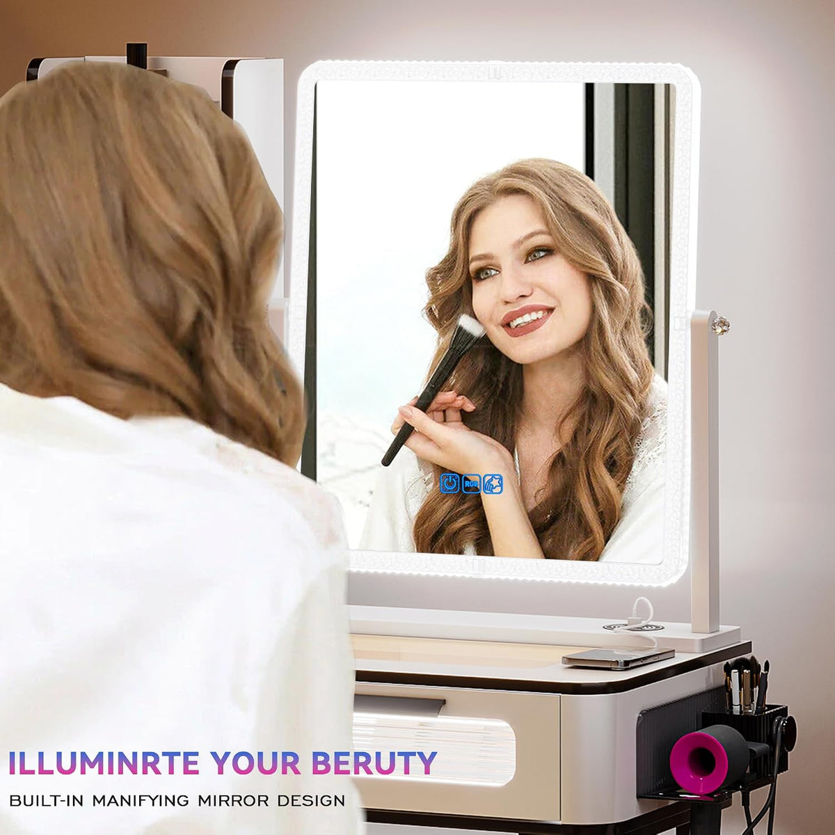 Gurexl RGB Makeup Vanity Desk with Wireless Charging Station, LED Vanity Make up Set with Visible Desktop,7 Dynamic and 7 Static Dimmable Vanity Table Set with Stool & 6 Drawers, Gift for Little Girls