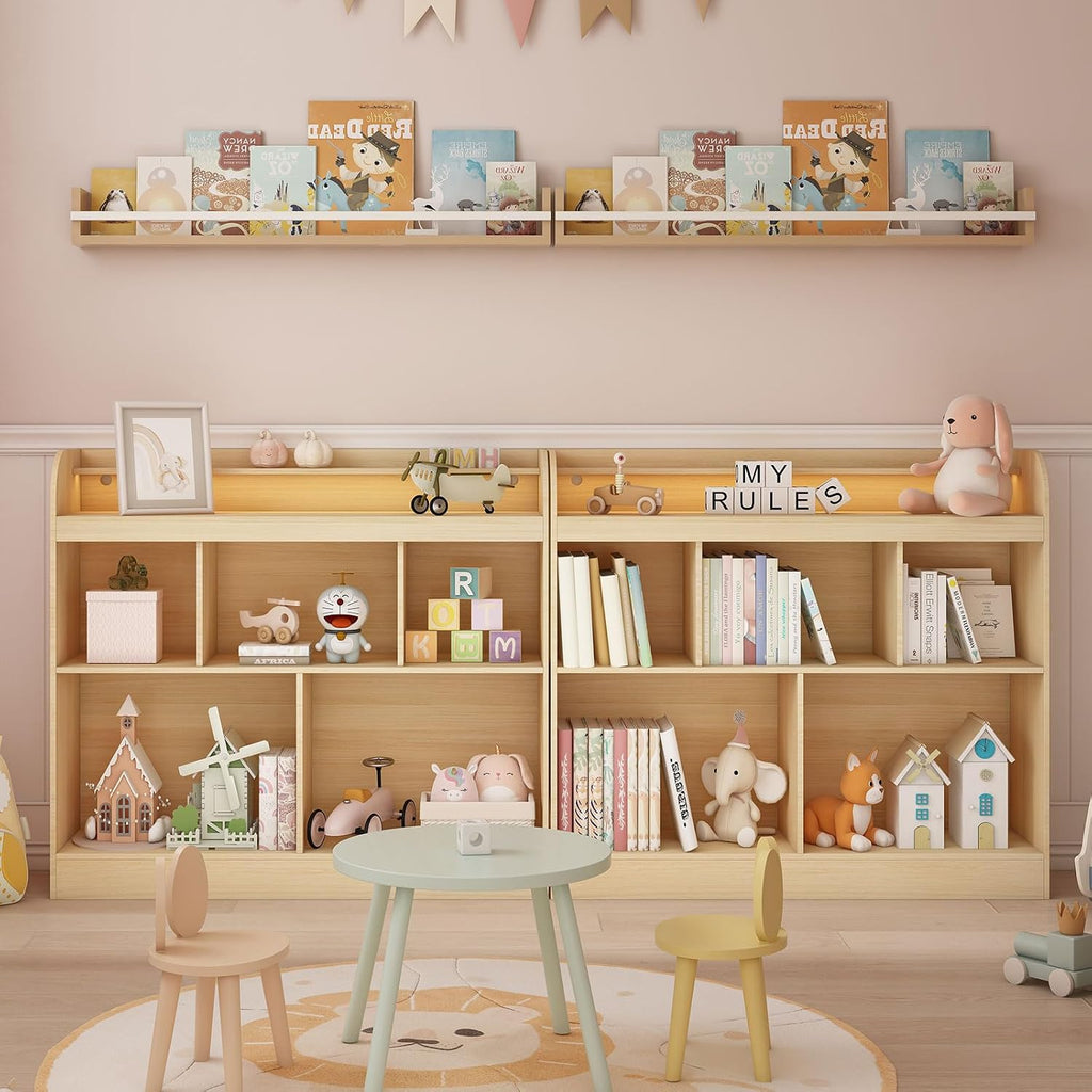 Lkeiyay Open Shelf Kids Bookcase,Montessori Toy Organizer with LED Lights - Oak Wooden Open Bookcase for Kids, Bedroom, Back to School,Playrooms & Nurseries
