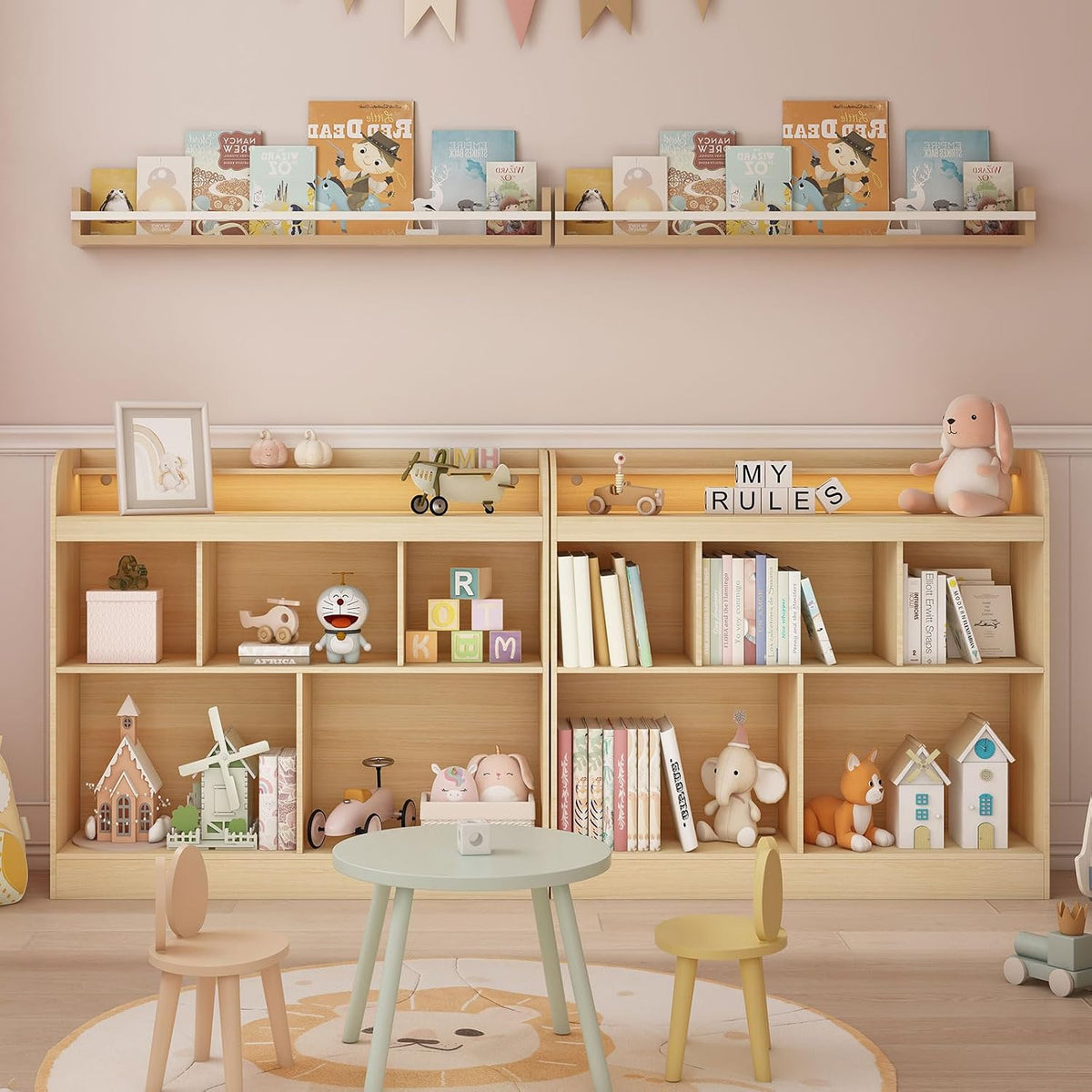 Lkeiyay Open Shelf Kids Bookcase,Montessori Toy Organizer with LED Lights - Oak Wooden Open Bookcase for Kids, Bedroom, Back to School,Playrooms & Nurseries