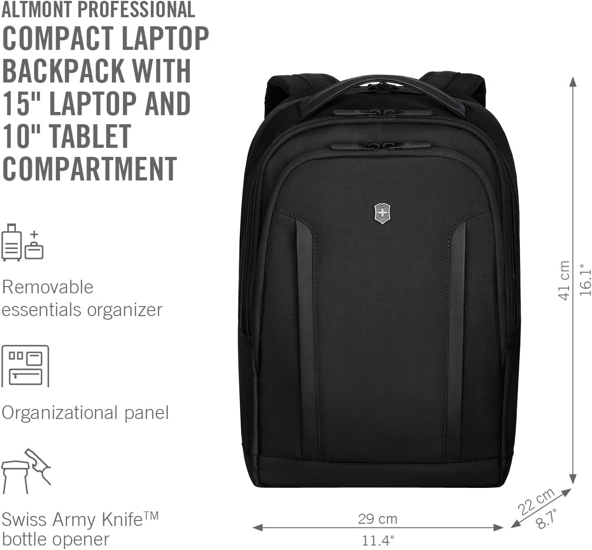 Victorinox Altmont Professional Compact Laptop Backpack - Tablet & Laptop Bag for Travel Accessories - Computer Backpack Includes Sleek Organizer - 16 Liters, Black