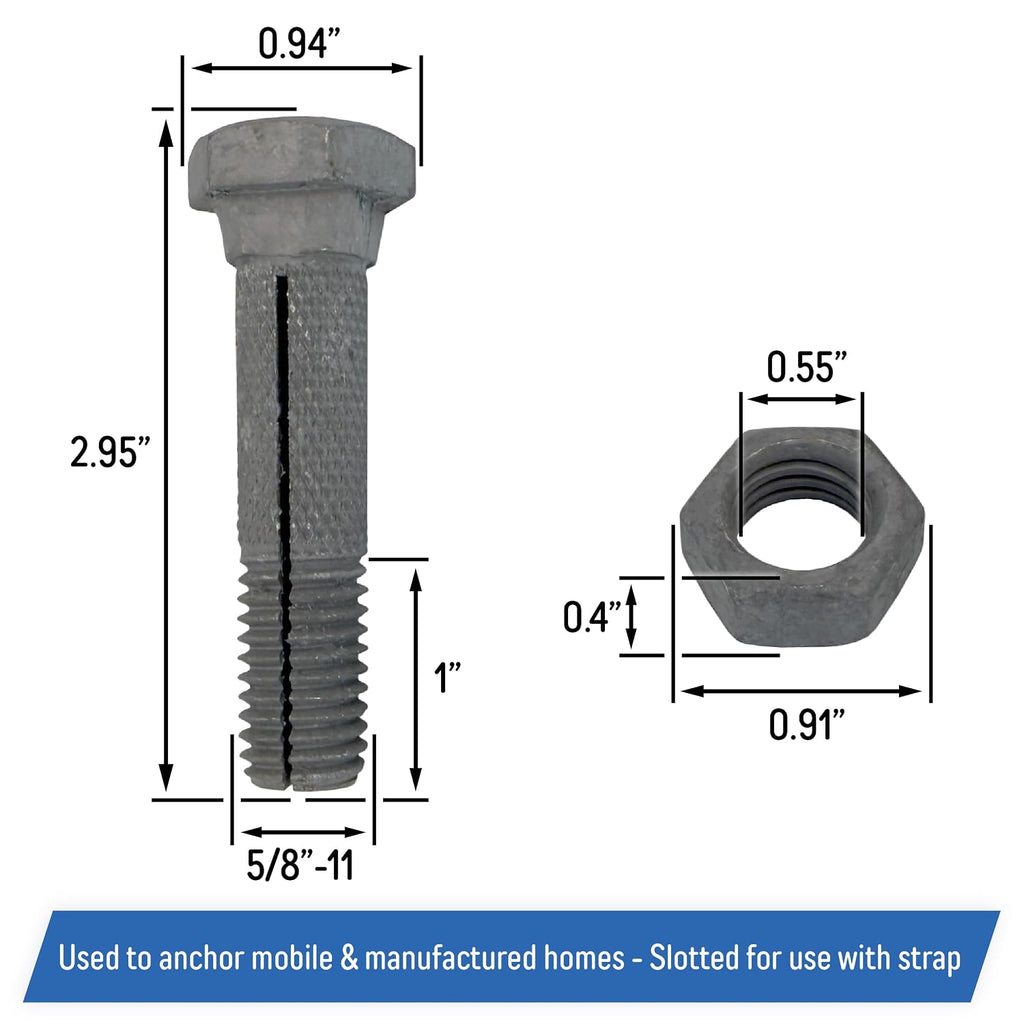 Mobile Home Anchor Bolt with Nut - Ground Anchor Slotted Bolts and Nuts (100 Pack)