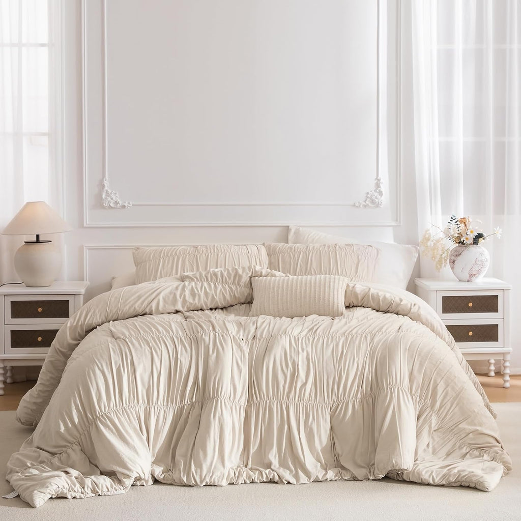Lady Ann Oversized King Bed Comforter Set- Wheat Ruched Boho 128 x 120 Comforter Set for Bedroom, 3 Piece Fluffy Bedroom Set with Pillow Shams Soft All Season Bed Sets