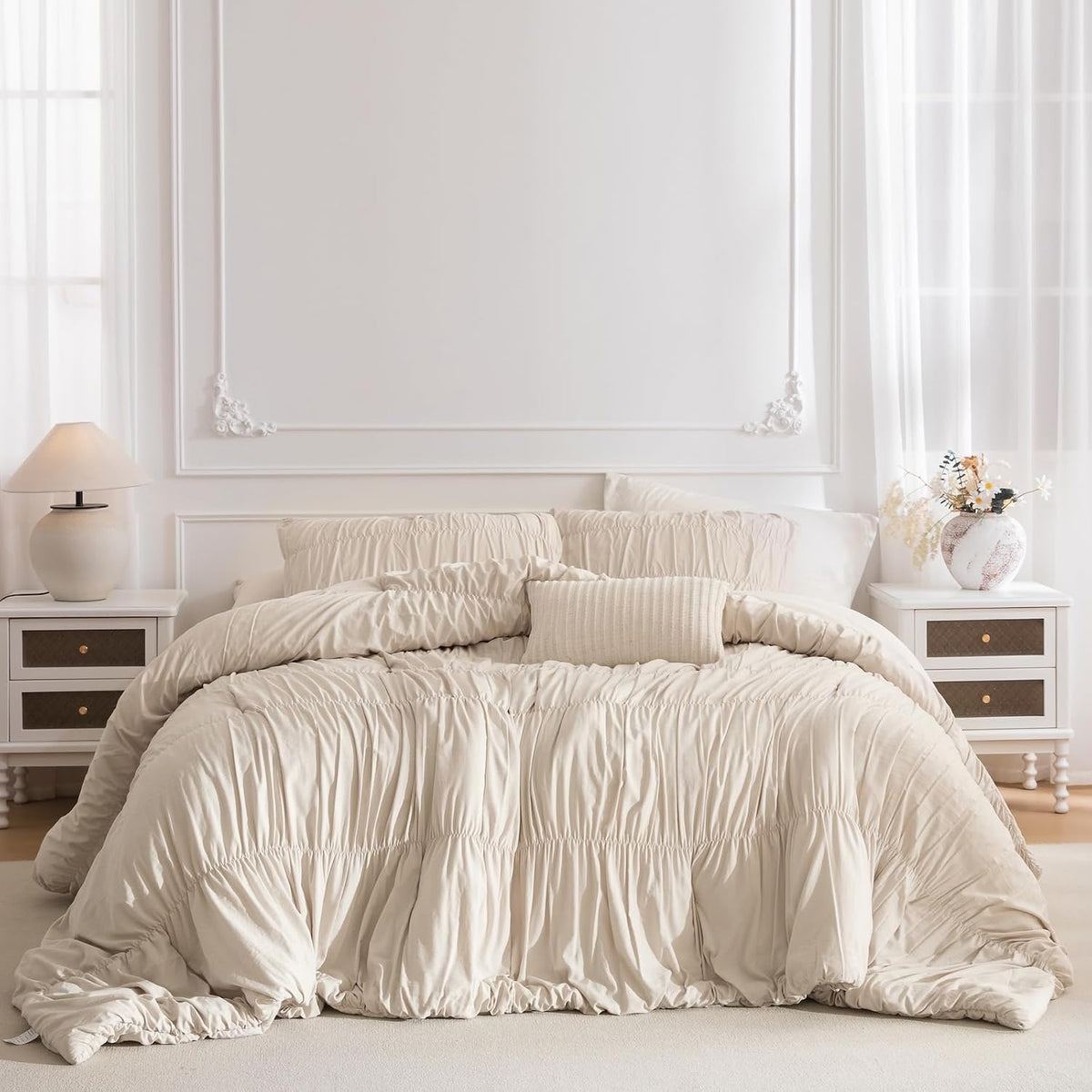 Lady Ann Oversized King Bed Comforter Set- Wheat Ruched Boho 128 x 120 Comforter Set for Bedroom, 3 Piece Fluffy Bedroom Set with Pillow Shams Soft All Season Bed Sets