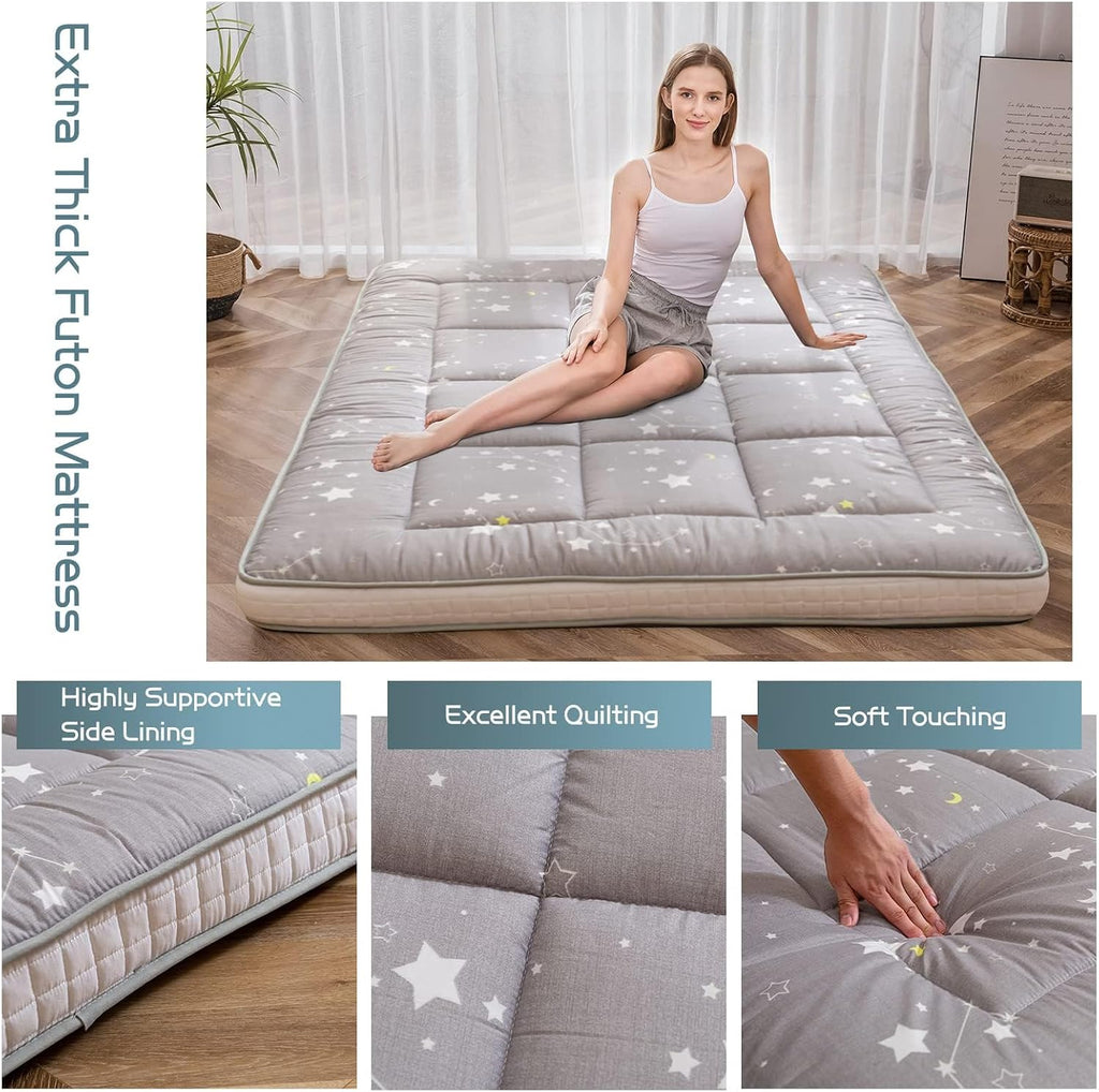 MAXYOYO Grey Constellation Futon Mattress, Japanese Floor Mattress Quilted Mattress Topper, Extra Thick Folding Sleeping Pad Breathable Floor Lounger Guest Couch for Camping, King