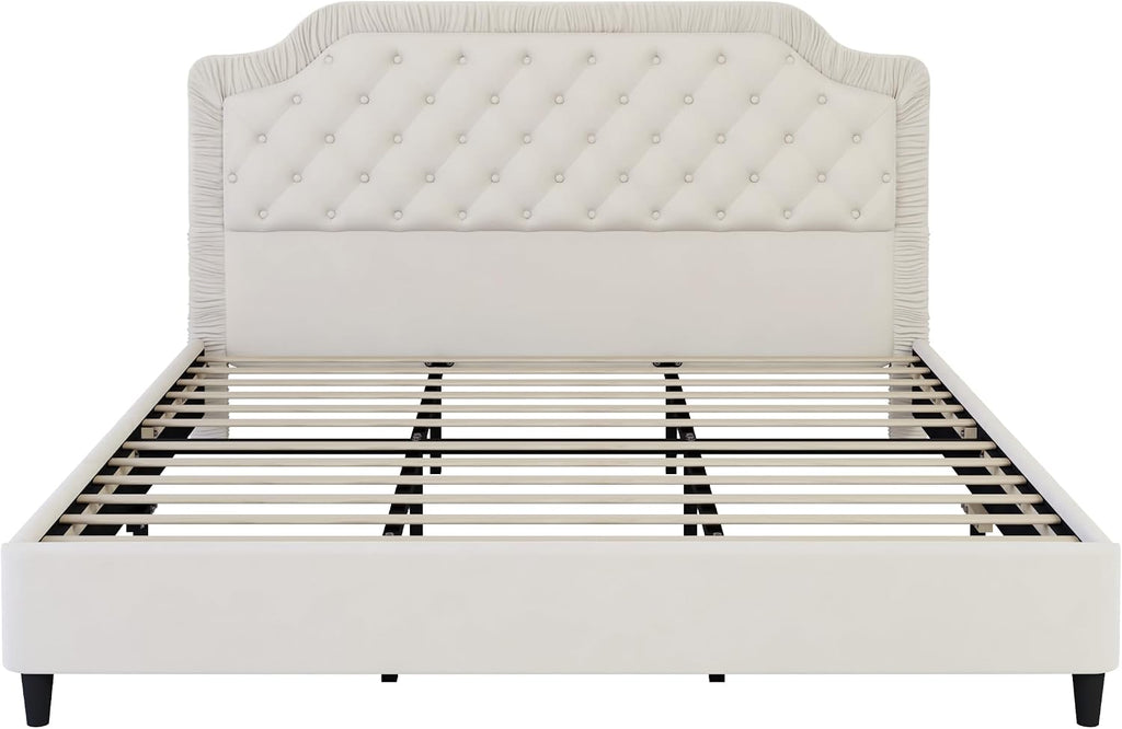King Size Upholstered Platform Bed Frame with Ruched and Button Tufted Headboard, Tufted Velvet Upholstered Platform Bed with Wood Slat Support for Kids Teens Adult Bedroom (White-60v)