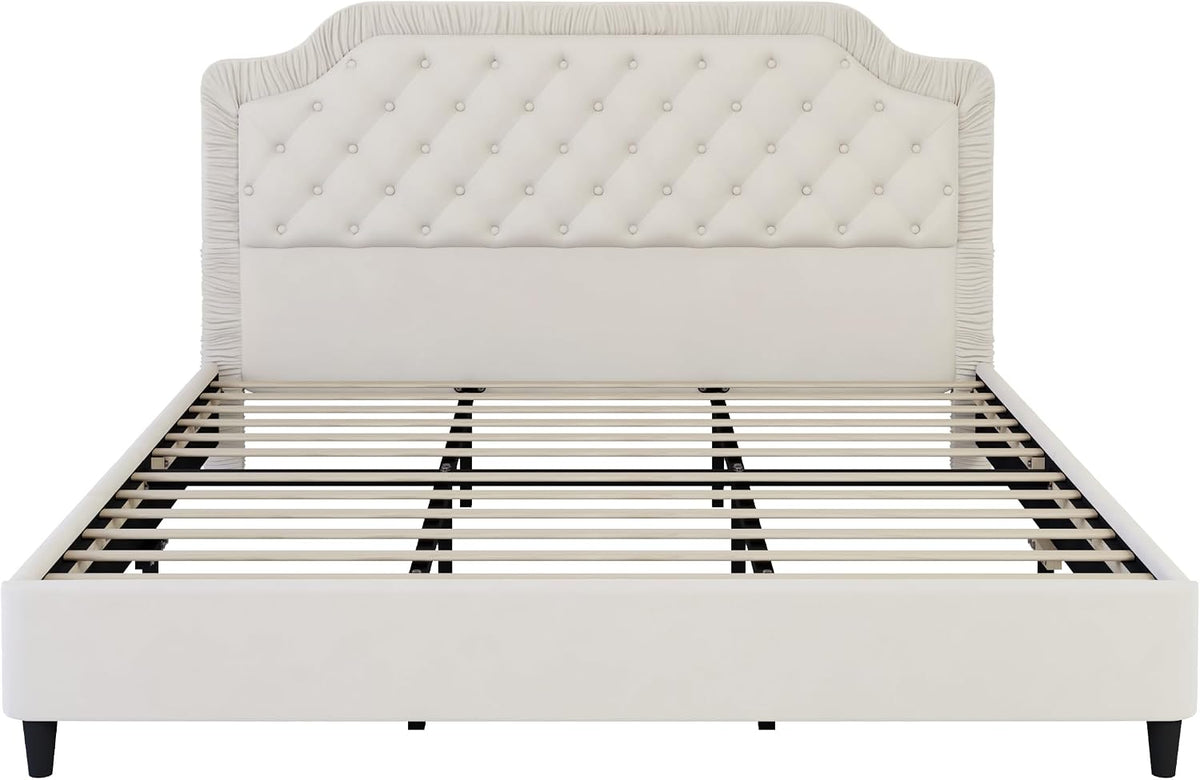 King Size Upholstered Platform Bed Frame with Ruched and Button Tufted Headboard, Tufted Velvet Upholstered Platform Bed with Wood Slat Support for Kids Teens Adult Bedroom (White-60v)