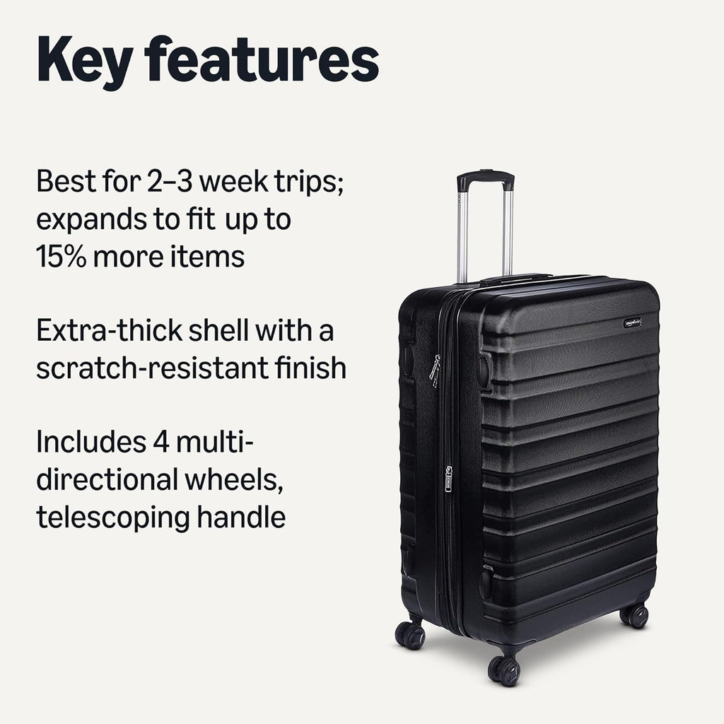 Amazon Basics 30' Hardside Large Checked Luggage, Hardshell Suitcase With Four Multi-directional Wheels, Expandable For Up to 15% More Space, Scratch-Resistant Shell, Black