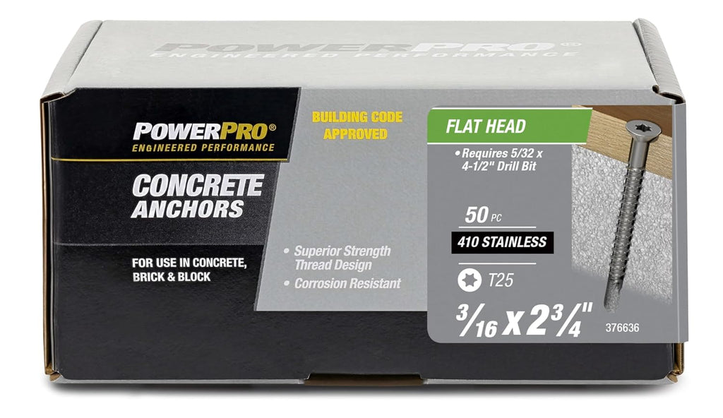 Power Pro Concrete Screw Anchors #410 Stainless Flat (3/16' x 2-3/4') 100-Piece