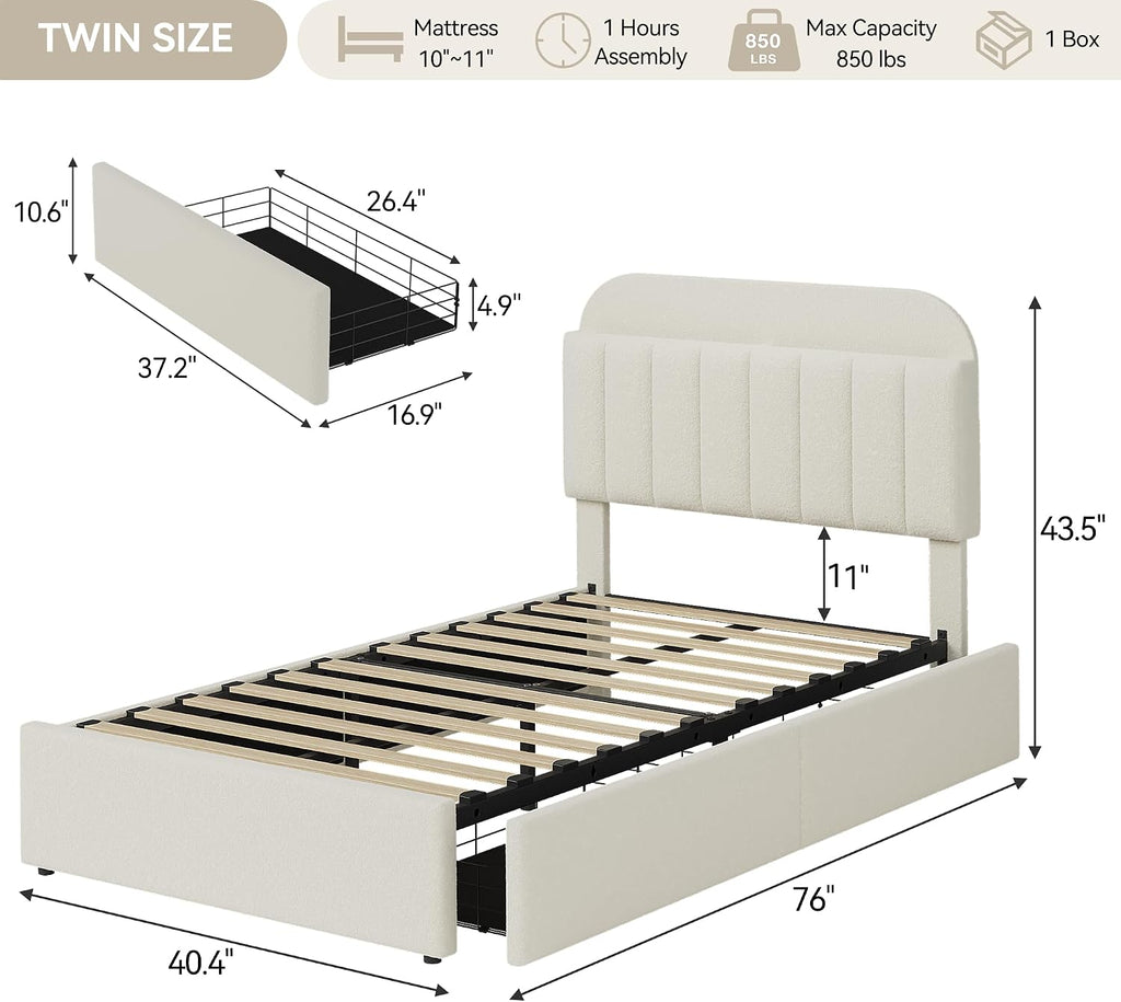 GarveeHome Twin Bed Frame with Storage Headboard, Kids Bed Frame with 2 Drawers, Boucle Upholstered Platform Bed with Bookcase, No Box Spring Needed, Easy Assembly, Ivory White
