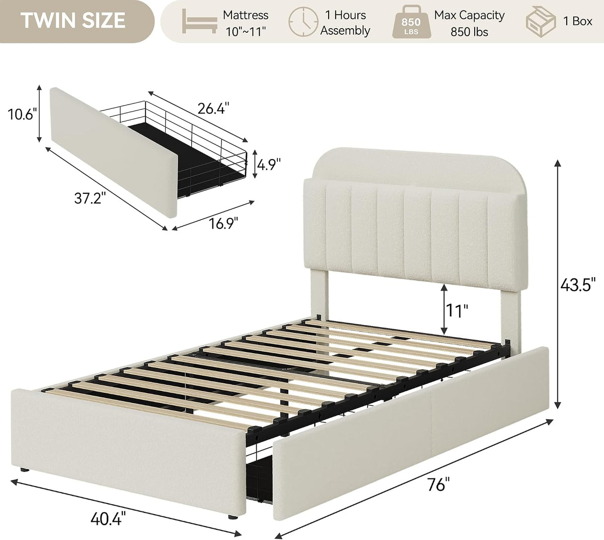 GarveeHome Twin Bed Frame with Storage Headboard, Kids Bed Frame with 2 Drawers, Boucle Upholstered Platform Bed with Bookcase, No Box Spring Needed, Easy Assembly, Ivory White