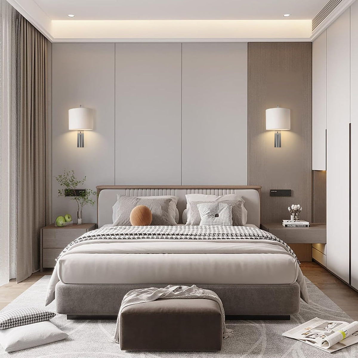 Cylindrical Fabric Wall Lamp Reading Light for Book in Bed at Night, Adjustable Spotlights Sconces Lighting Hardwired Modern Lights for Workbench Bedroom Bedside Headboard T-155(Chrome)