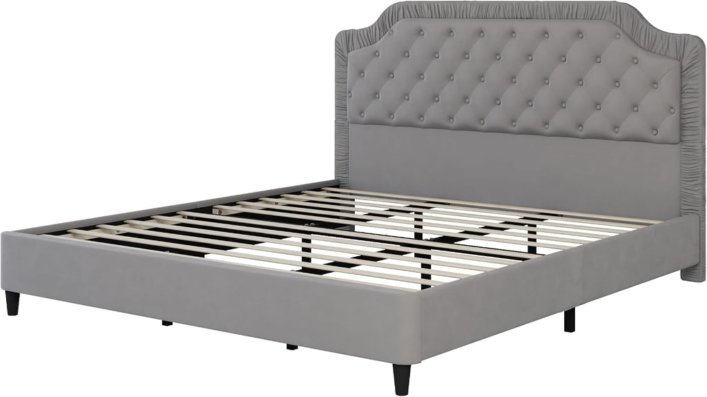 King Size Upholstered Platform Bed Frame with Ruched and Button Tufted Headboard, Tufted Velvet Upholstered Platform Bed with Wood Slat Support for Kids Teens Adult Bedroom (Gray-60v)