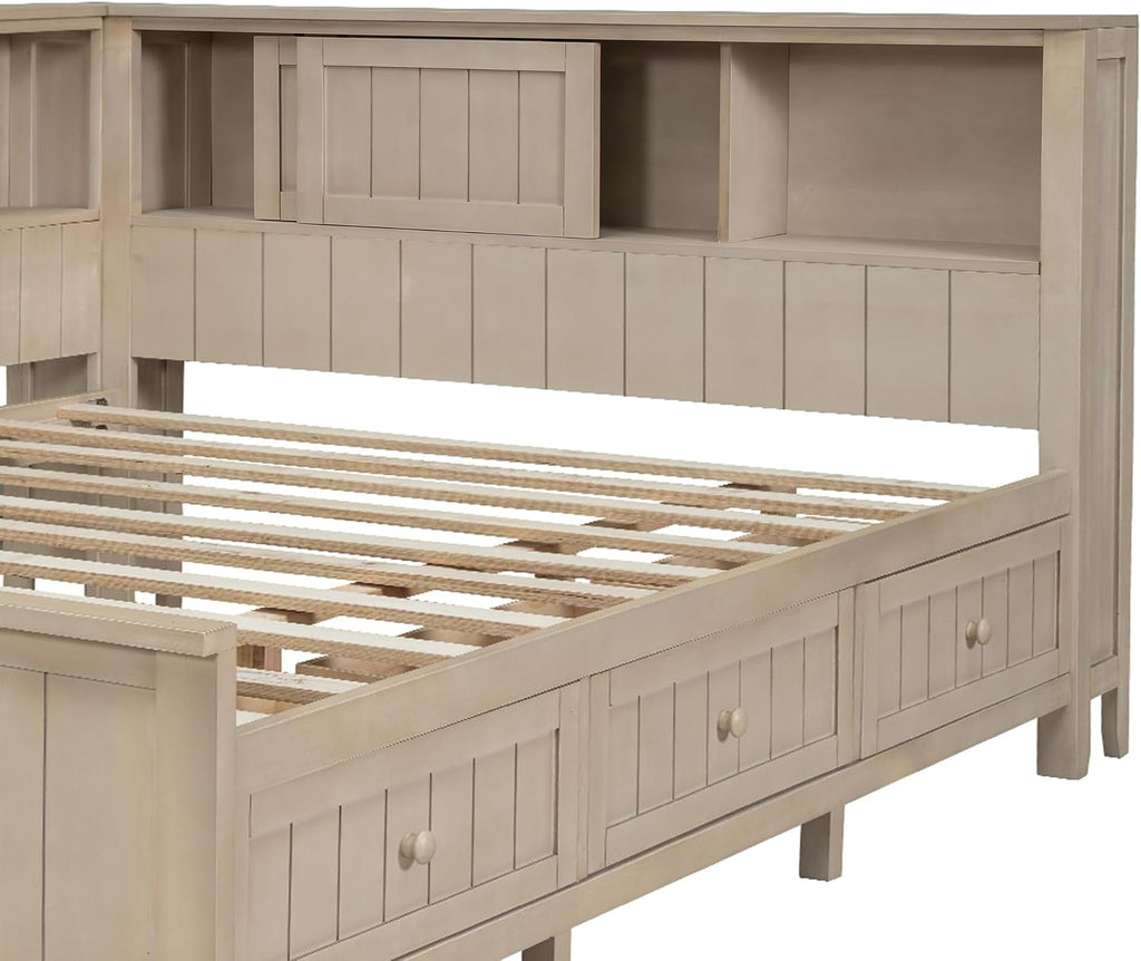 Merax Corner Full Bed Frame with Bookcase Storage, Wood Platform Bed Frame with 3 Drawers, Full Size Daybed with Storage for Living Room,Bedroom,Guest Room, Antique White