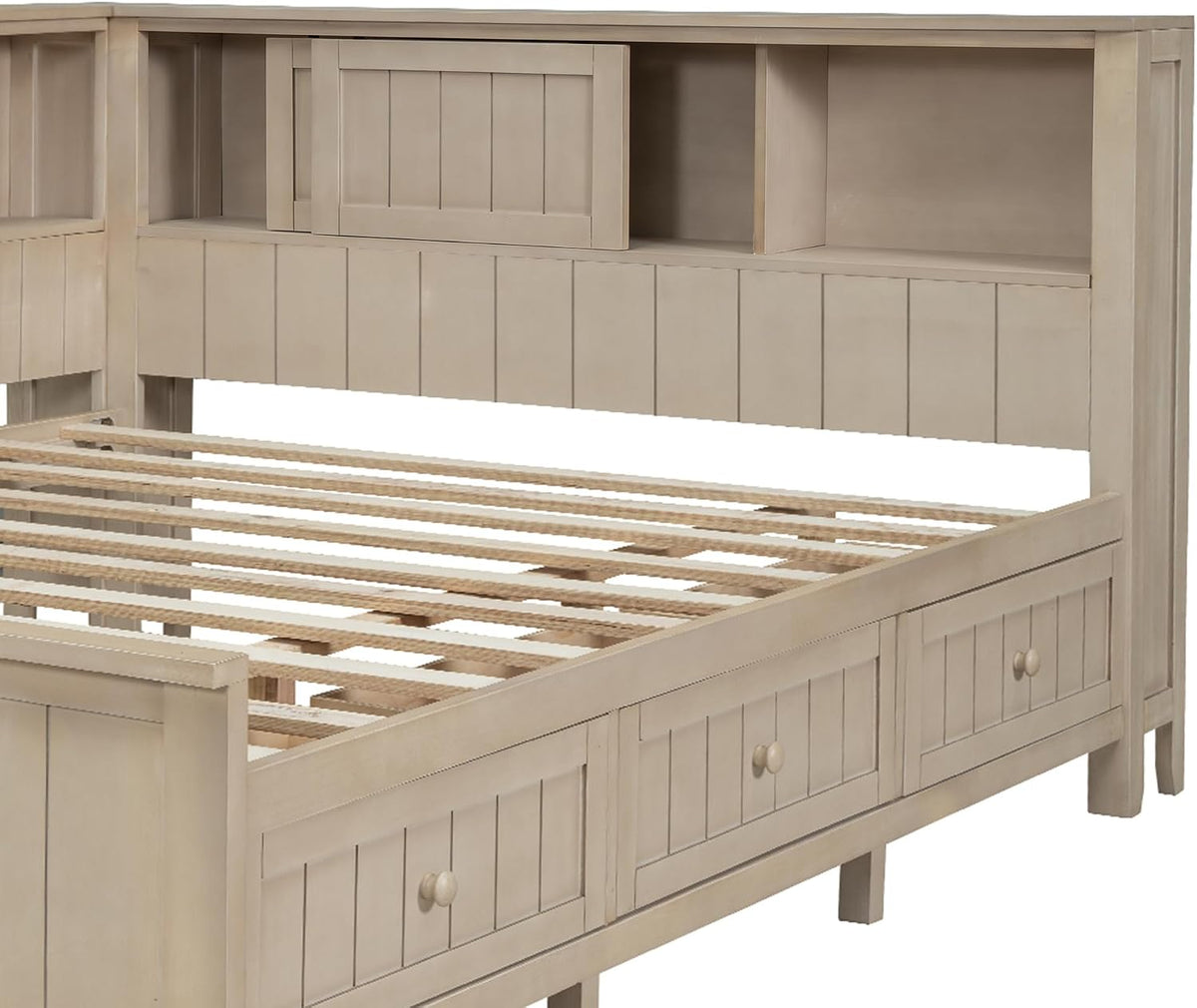 Merax Corner Full Bed Frame with Bookcase Storage, Wood Platform Bed Frame with 3 Drawers, Full Size Daybed with Storage for Living Room,Bedroom,Guest Room, Antique White