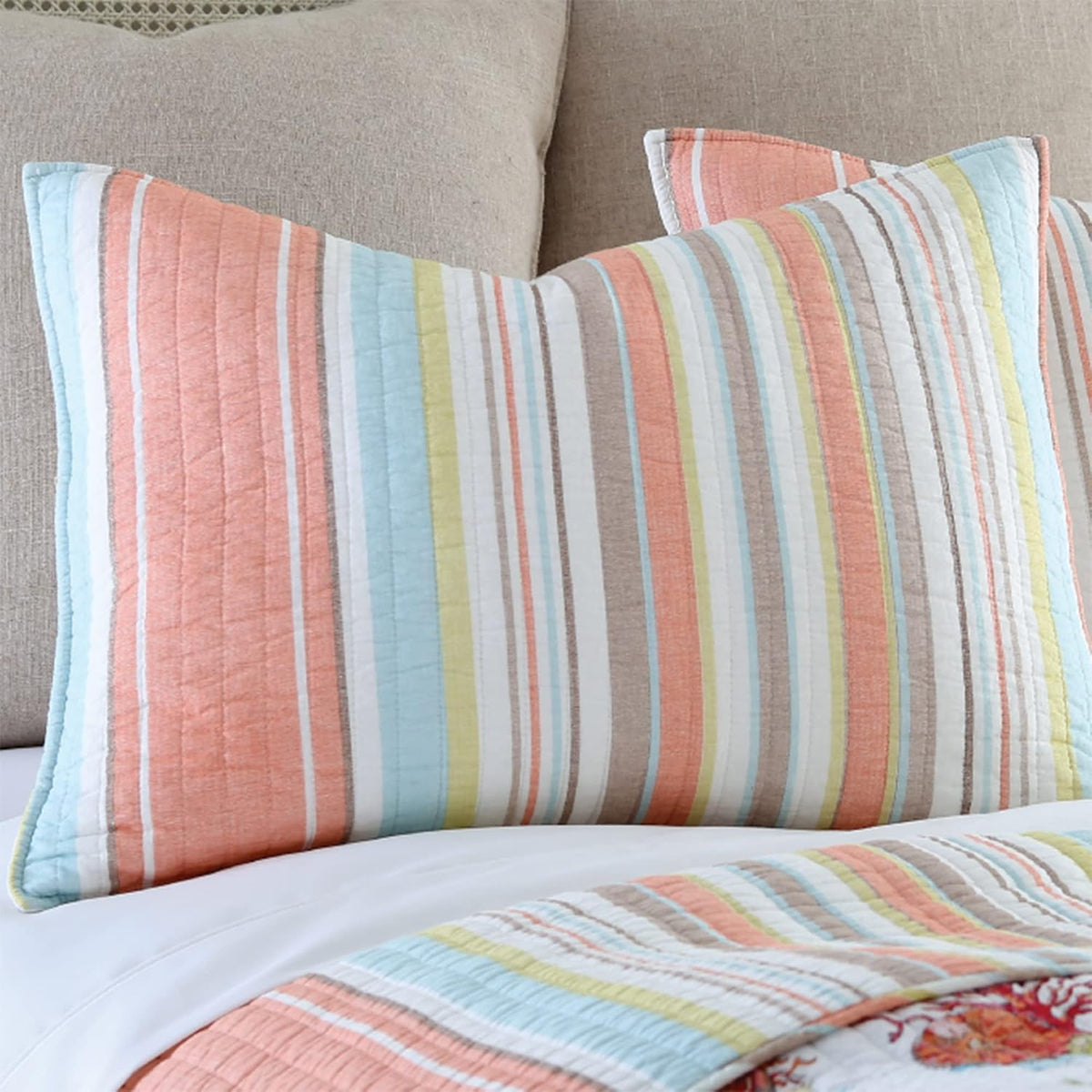 Levtex Home Brighton Coral Full/Queen Cotton Quilt Set Stripe Coastal