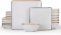 E-far Square Dinnerware Sets for 8, 24-Piece Stoneware Plates and Bowls Dishes Set, Reactive Glaze Porcelain Dishware Sets, Chip & Scratch Resistant, Microwave & Dishwasher Safe, Seashell White