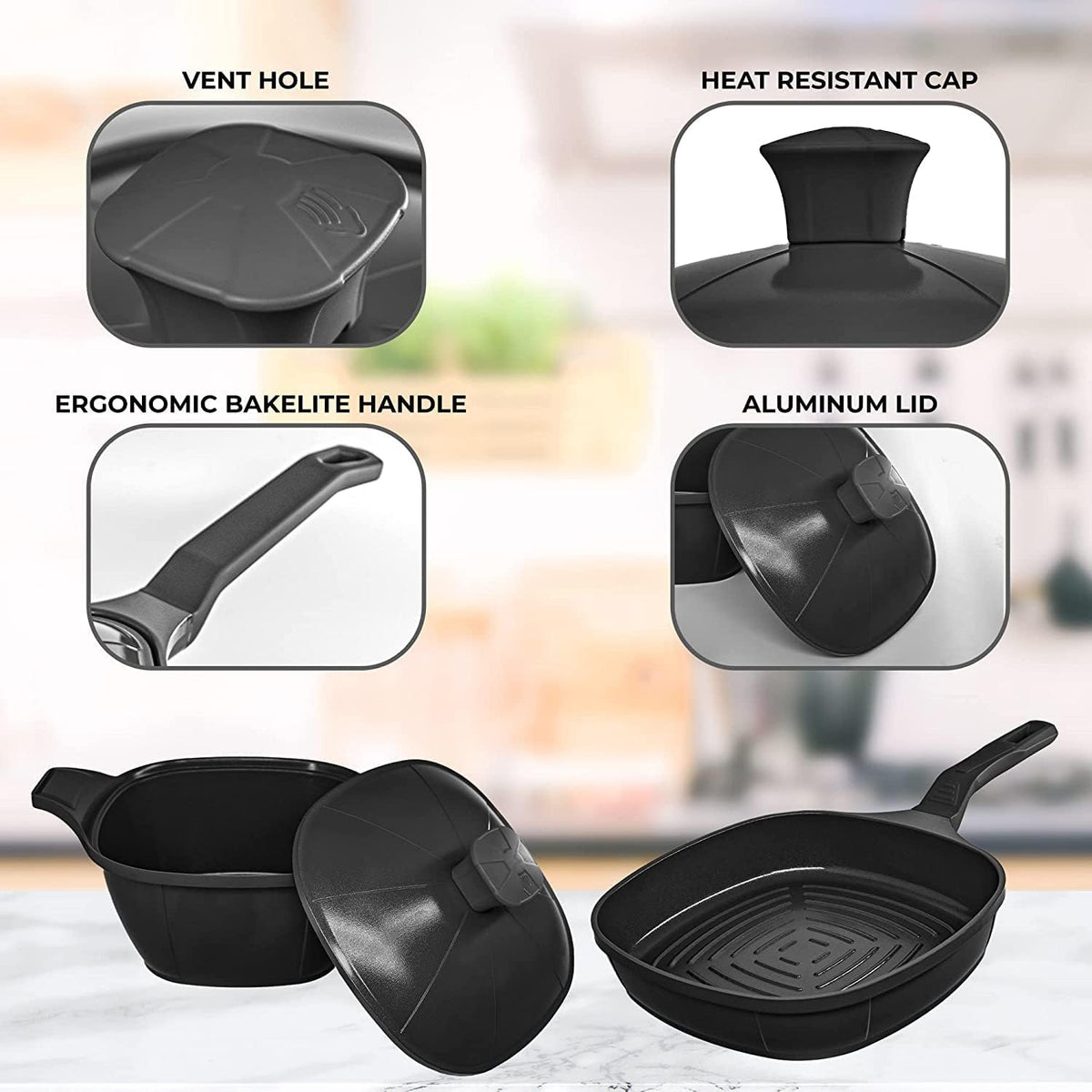 (Matrix) Luxury Cast Aluminum 11-Piece Cookware Set – Pans, Pots, Saucepan, Saucier, Baking Tray & Silicone Handles – Premium Nonstick, All Stovetops Compatible (Induction) Ceramic Black