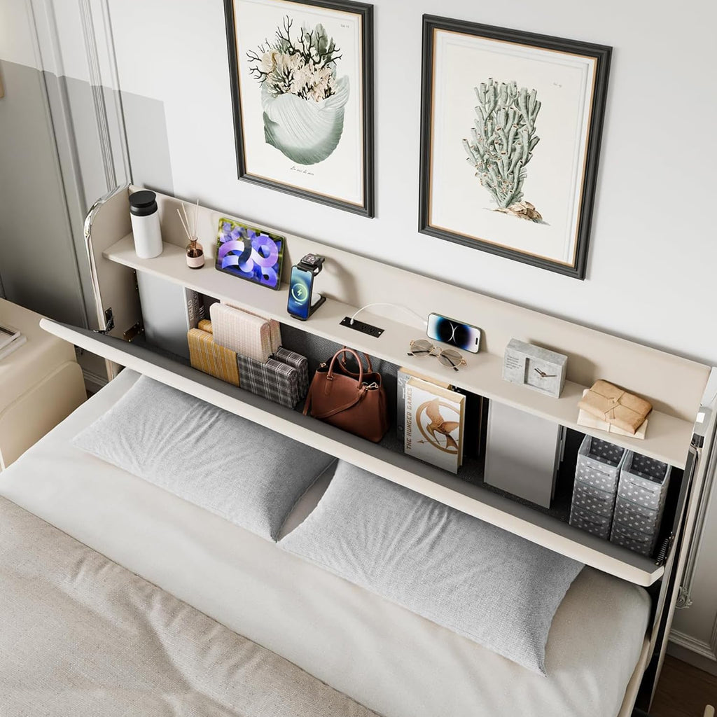 GarveeHome Queen Bed Frame with Storage Headboard& Charging Station, Velvet Upholstered Queen Platform Bed Frame with 4 Drawers&Wooden Slat Support, Noise Free Design, Easy to Assemble, Beige