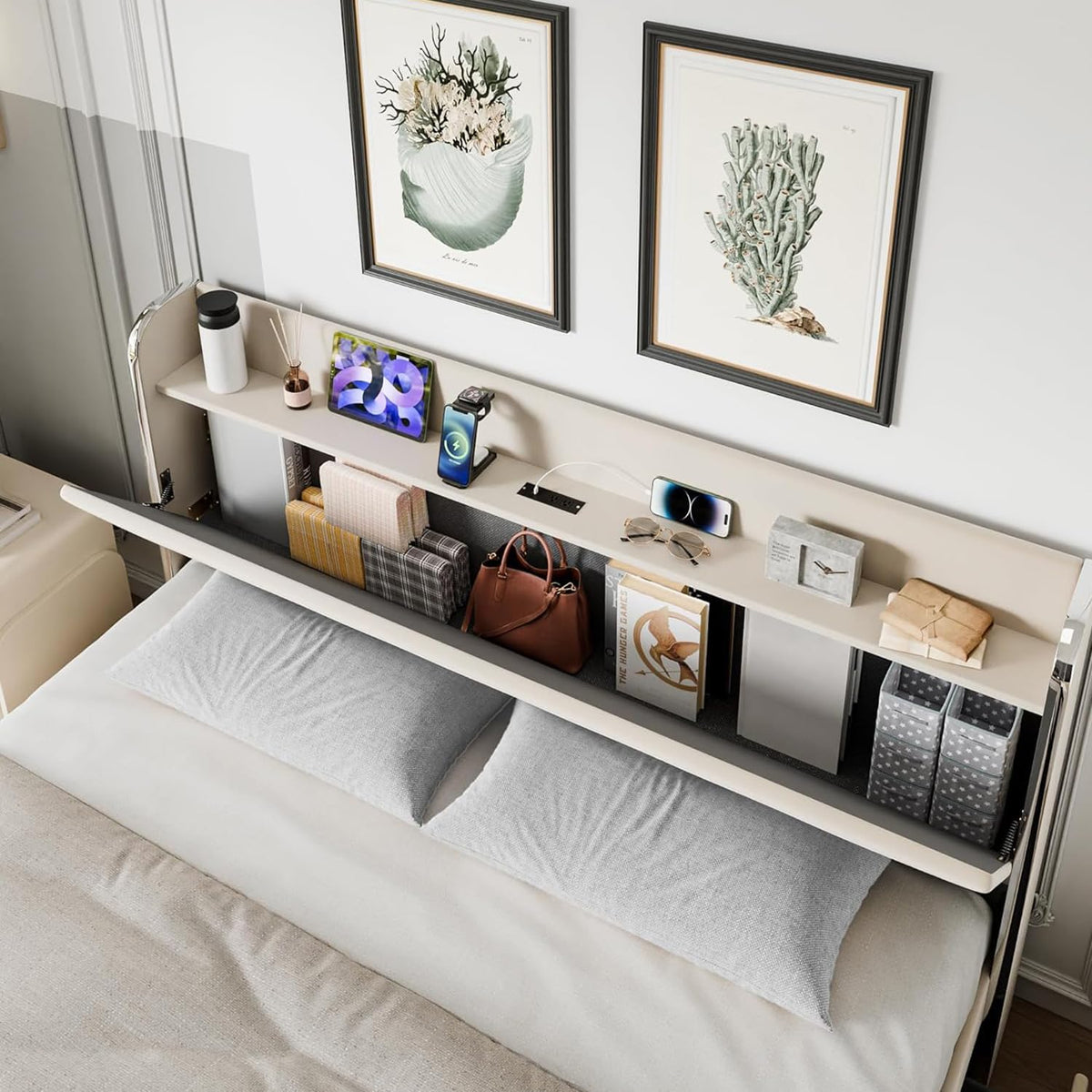 GarveeHome Queen Bed Frame with Storage Headboard& Charging Station, Velvet Upholstered Queen Platform Bed Frame with 4 Drawers&Wooden Slat Support, Noise Free Design, Easy to Assemble, Beige