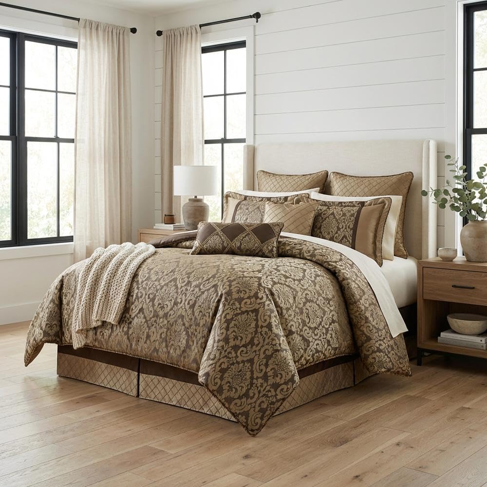 Michael Amini Imperial Brown Comforter Set 10-Piece with 100% Polyester Jacquard, Cotton-Polyester Back, King Size Bedding Ensemble, Durable Soft Fabric, Stylish Warmth and Comfort