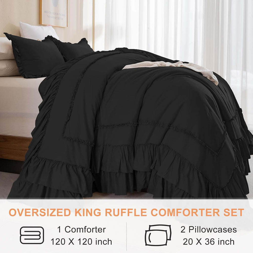 QSH 3PCs Black Ruffled Oversized King Comforter 120x120,Farmhouse Shabby French Country Chic Ruffle Bed Comforter Set Boho Lightweight Ultra Soft Microfiber California King Comforter with Pillowcases