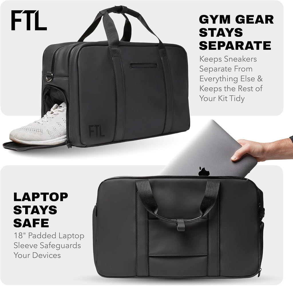 The FTL Pro Mens Travel Bag - 30L Premium Work to Gym Weekender Duffel with Garment Bag, Shoe Space & 18' Laptop Sleeve - Organized Athletic Business Carry On Hybrid, Fits Under Airplane Seat - Black