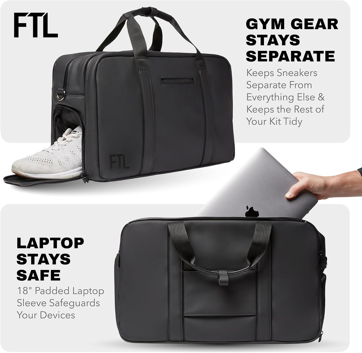 The FTL Pro Mens Travel Bag - 30L Premium Work to Gym Weekender Duffel with Garment Bag, Shoe Space & 18' Laptop Sleeve - Organized Athletic Business Carry On Hybrid, Fits Under Airplane Seat - Black