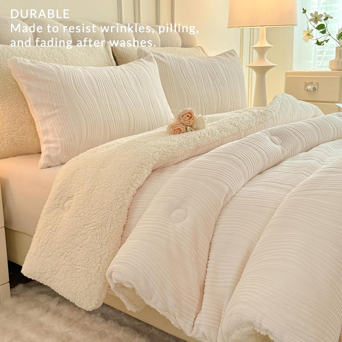 tohrisa 3D Striped Jacquard Sherpa Comforter Set King Size, Geometric Pattern Boho Quilt Bedding 3 Pieces Warm Cozy Fuzzy Comforter with 2 Pillowcases(104'X90' Ivory White)