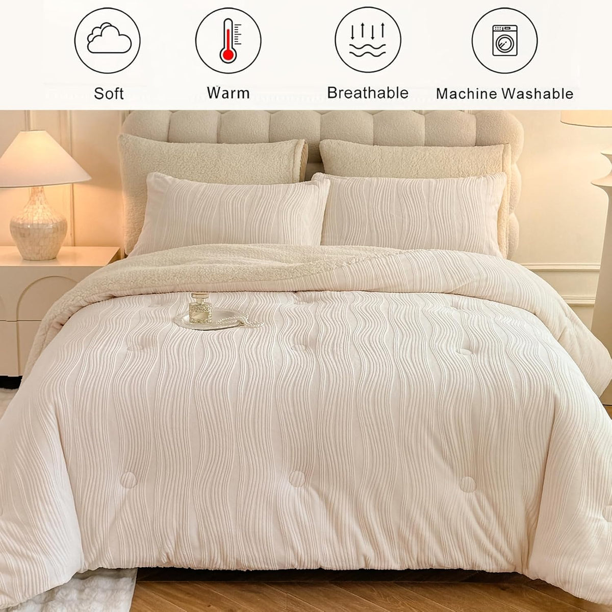 tohrisa 3D Striped Jacquard Sherpa Comforter Set King Size, Geometric Pattern Boho Quilt Bedding 3 Pieces Warm Cozy Fuzzy Comforter with 2 Pillowcases(104'X90' Ivory White)