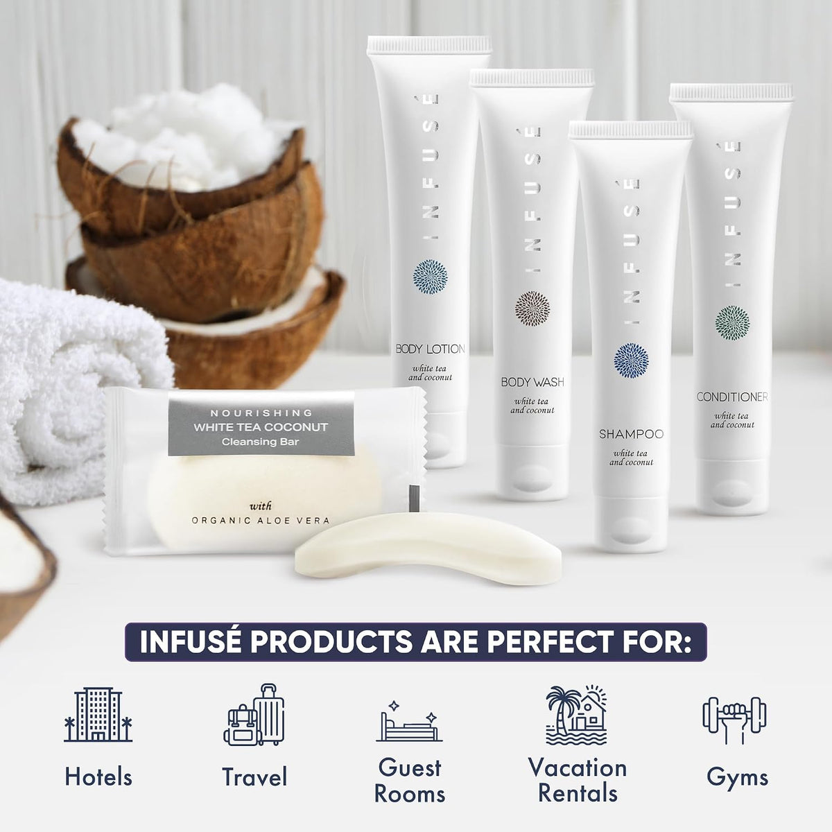 Infuse Pure White Tea and Coconut Hotel Soaps and Toiletries Bulk Set | 1-Shoppe All-In-Kit for Airbnb | 1oz Shampoo & Conditioner, Body Wash, Lotion & 1.25oz Bar Soap | Travel Size 150 Pieces