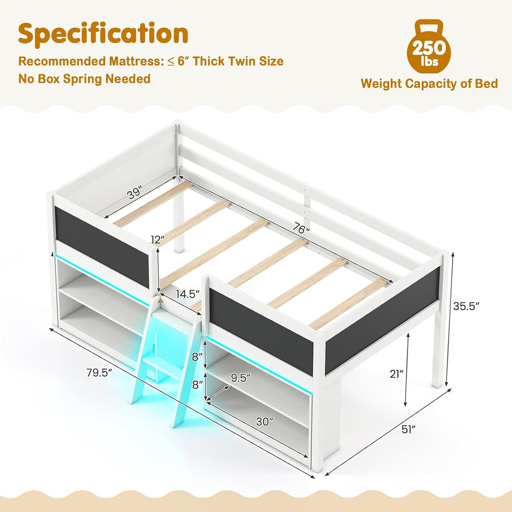 Giantex Low Loft Bed with LED Lights, Wooden Twin Size Loft Bed with Ladder & Blackboard, Twin Bed Frames for Kids with Storage 2 Bookcases and Play Space, White