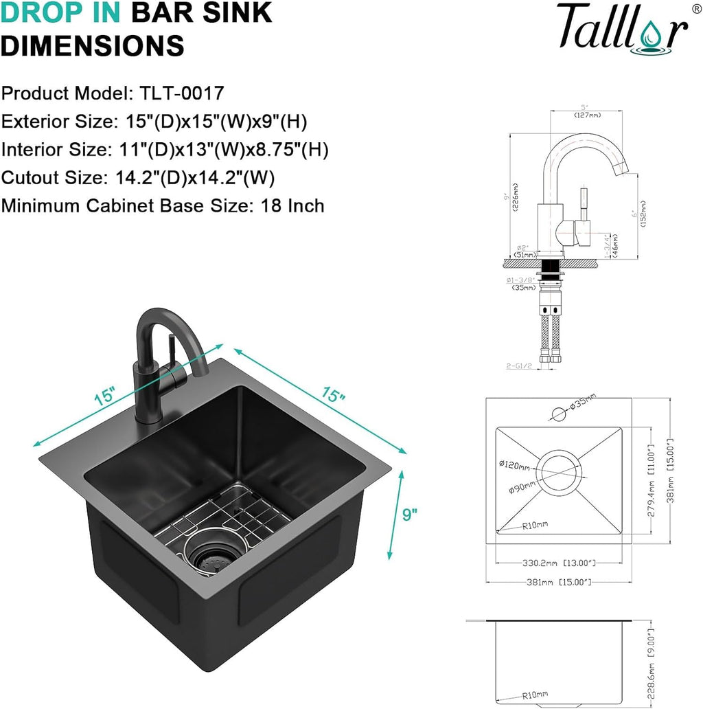 15x15 Inch Black Drop In Bar Sink with Faucet, 16 Gauge T-304 Stainless Steel Single Bowl Wet Prep Sink for Kitchen Bar, RV, Outdoor, and Boat, Gunmetal Black #TLT-0017