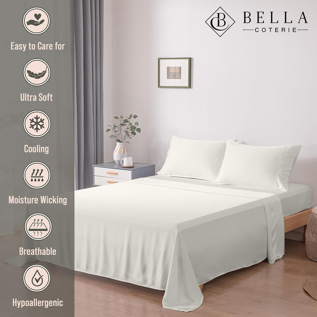 Bella Coterie Luxury Bamboo Viscose King Size Sheet Set | 100% Organically Grown | Ultra Soft | Cooling for Hot Sleepers | 18' Deep Pocket [Ivory]