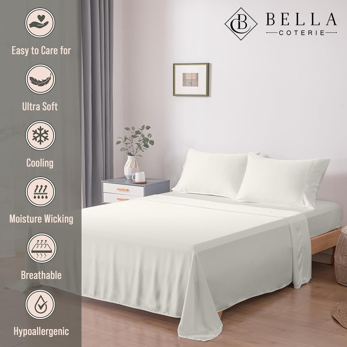 Bella Coterie Luxury Bamboo Viscose King Size Sheet Set | 100% Organically Grown | Ultra Soft | Cooling for Hot Sleepers | 18' Deep Pocket [Ivory]