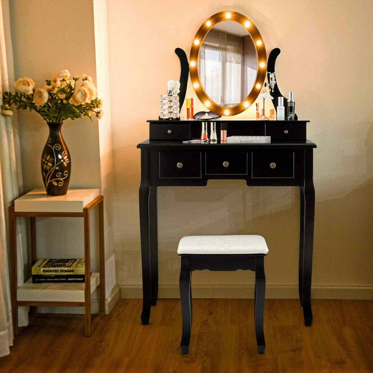 DORTALA Makeup Vanity Table Set, 5 Drawers Dressing Table w/ 360° Rotating Oval Mirror, Detachable Top, 12 LED Light Bulbs, Multifunctional Girl Dressing Table Set w/Vanity Padded Bench, Black