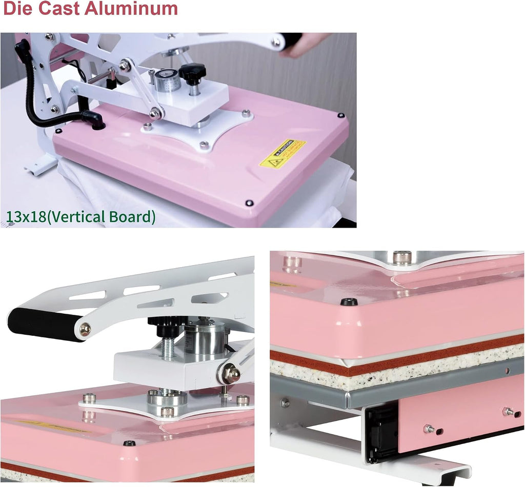 13' x 18' Semi-Auto Heat Press Machine for T-Shirts, Auto Open&Slide-Out Base, Clamshell Pull Out Lower Platen, 1200W Digital Sublimation Printer, Vinyl, DIY & Small Business (Pink, W13*L18)