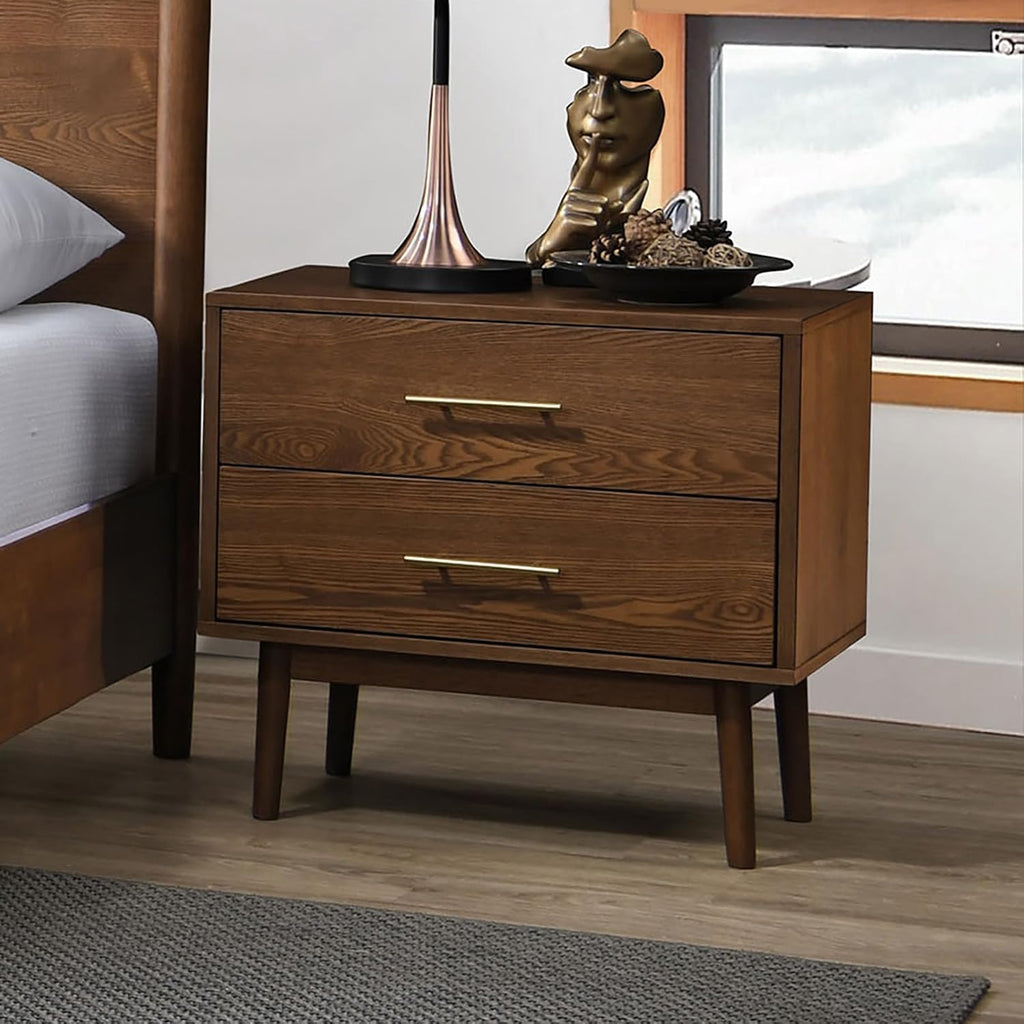 Gorgeous Walnut 3pc Bedroom Set King Size Bed 2X Nightstands Beige Upholstered Fabric Winged Edge Panel HB Mid-Century Modern Style