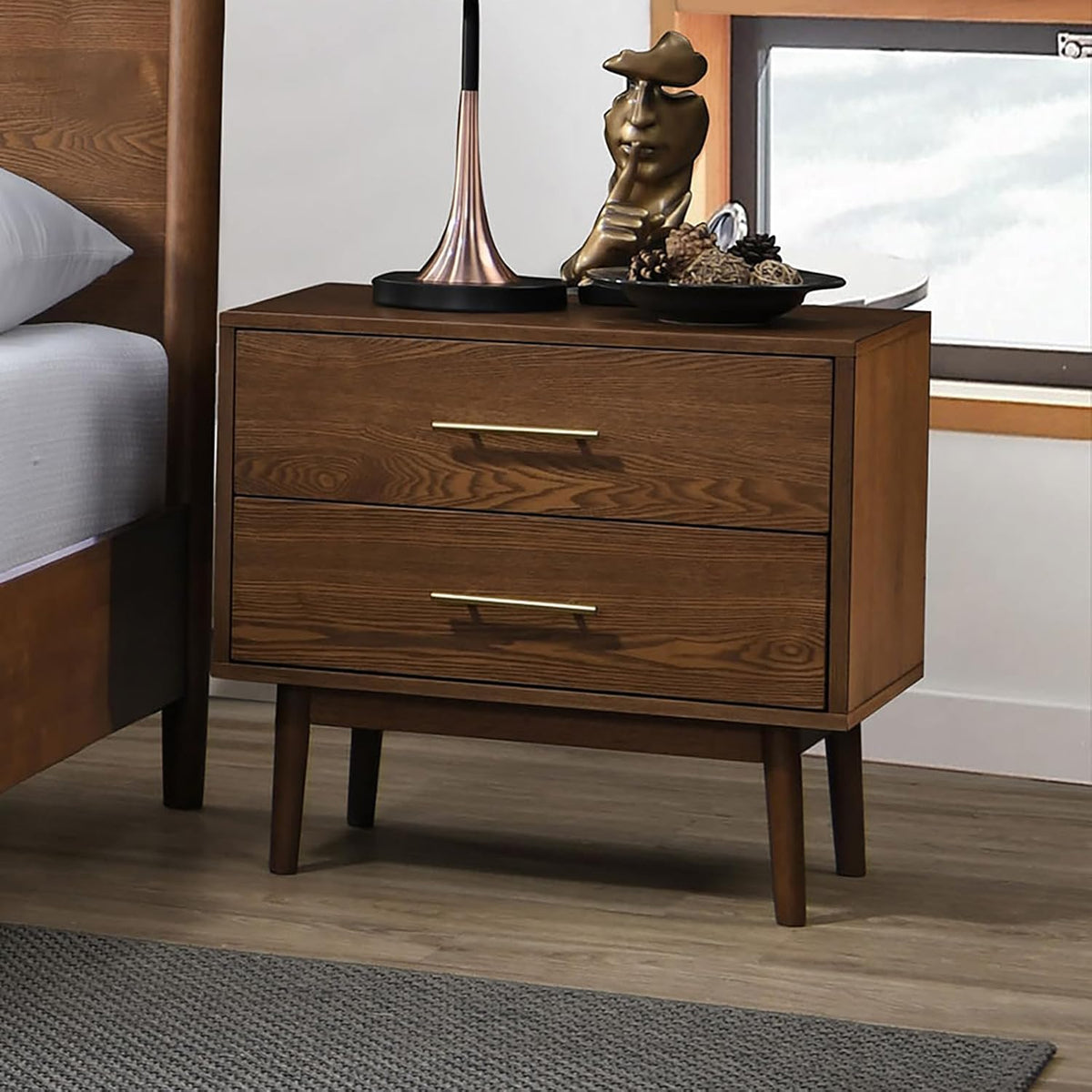Gorgeous Walnut 3pc Bedroom Set King Size Bed 2X Nightstands Beige Upholstered Fabric Winged Edge Panel HB Mid-Century Modern Style