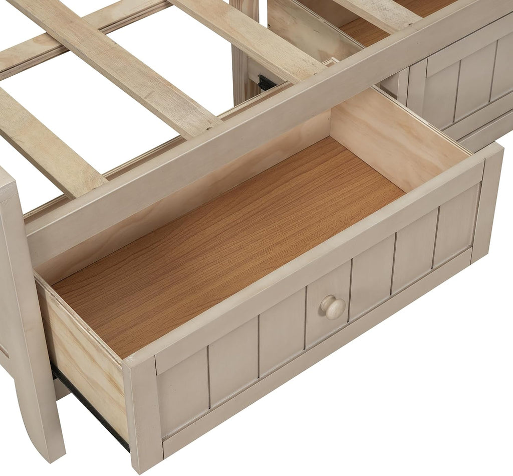 Merax Corner Full Bed Frame with Bookcase Storage, Wood Platform Bed Frame with 3 Drawers, Full Size Daybed with Storage for Living Room,Bedroom,Guest Room, Antique White