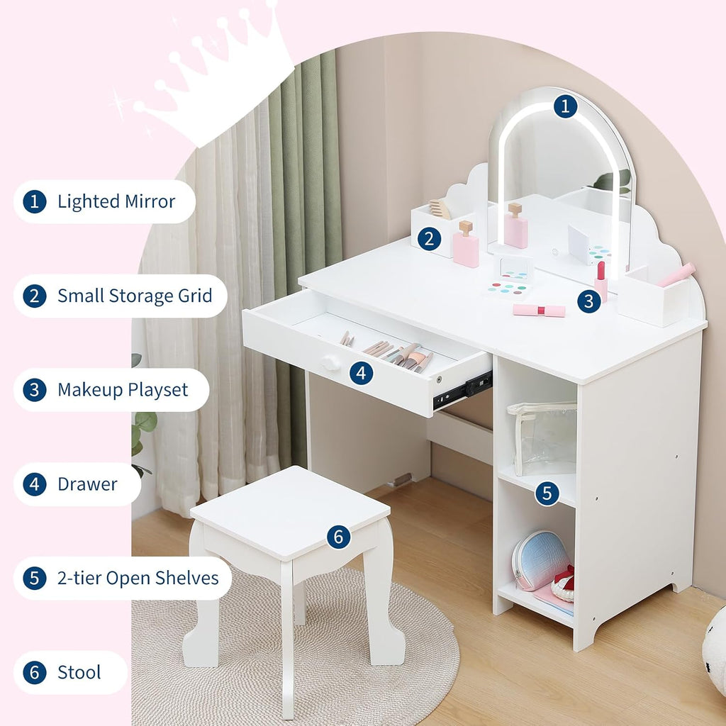 Garvee Kids Vanity with Lighted Mirror & Stool, Little Girls Vanity and Wooden Makeup Playset with Adjustable LED Light, Storage Drawer & Shelves for Girls 3-9, White