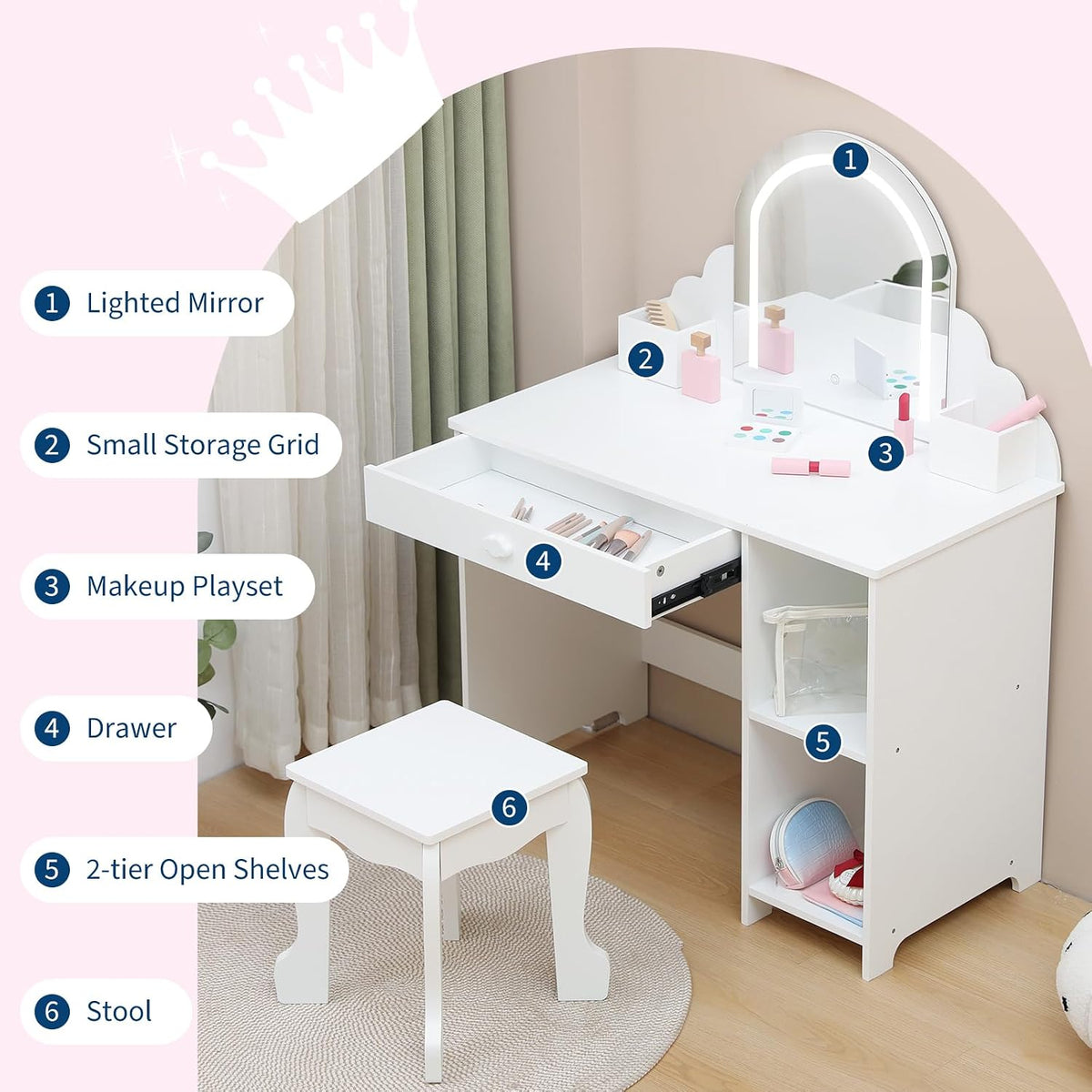 Garvee Kids Vanity with Lighted Mirror & Stool, Little Girls Vanity and Wooden Makeup Playset with Adjustable LED Light, Storage Drawer & Shelves for Girls 3-9, White