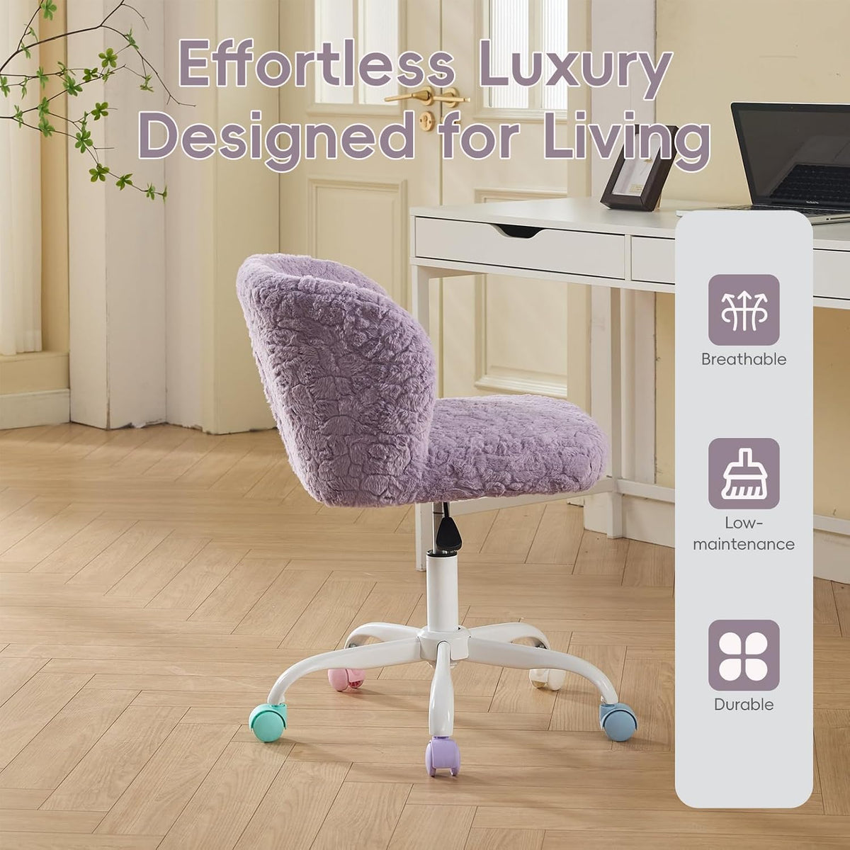 Faux Fur Vanity Desk Chair with White Metal Base – Adjustable Swivel Rolling Office Chair with Wheels, Comfy Makeup Chair for Bedroom, Study, Girls' Room, Home Office & Task Use, Purple