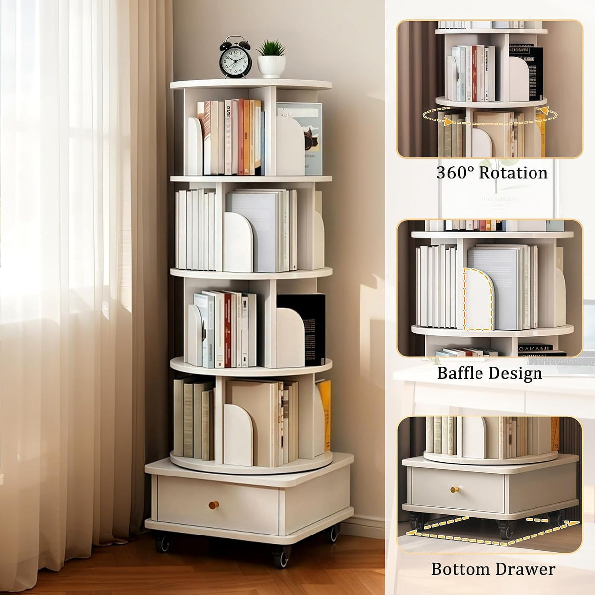 KEIKI 5-Tier Rotating Tower Spinning Bookshelf with 360°Swivel Wheels & Square Storage Drawer Base,Narrow Rolling Bookcase for Small Space,Corner,Bedroom,Office,White