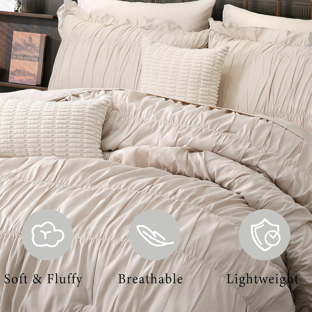 Herside Beige Comforter Set King Size,Ruched Boho Bedding 9-Piece Bed-in-a-Bag for All Seasons,Fluffy Farmhouse Ruffle Bedding Set with Comforter, Flat Sheet, Fitted Sheet, Pillow Shams, Pillowcases