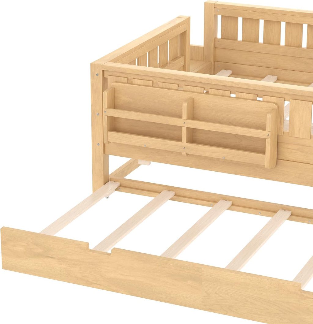 Bellemave Full Bed with Trundle and Stairs, Full Size Platform Bed Frame with Fence and Bookshelf, Easy Assemble Beds for Kids, Girls, Boys, Light Natural