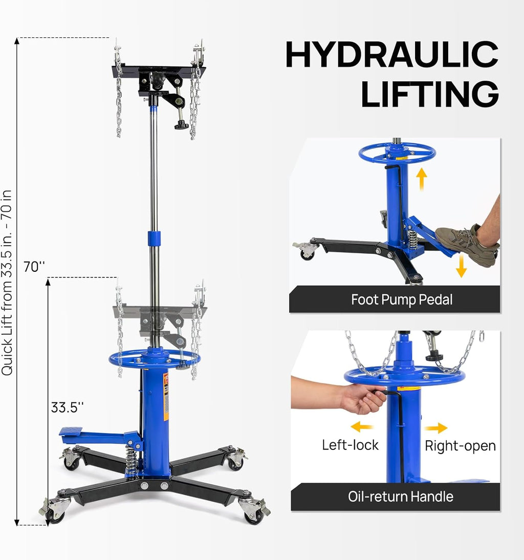 TUFFIOM Transmission Jack, 1660 lbs 3/4-Ton Hydraulic 2-Stage High Lift Vertical Telescoping Floor Jack Stand, 34' to 68' Lifting Range, w/Pedal, 360° Swivel Wheels, Garage/Shop Lift Hoist, Blue