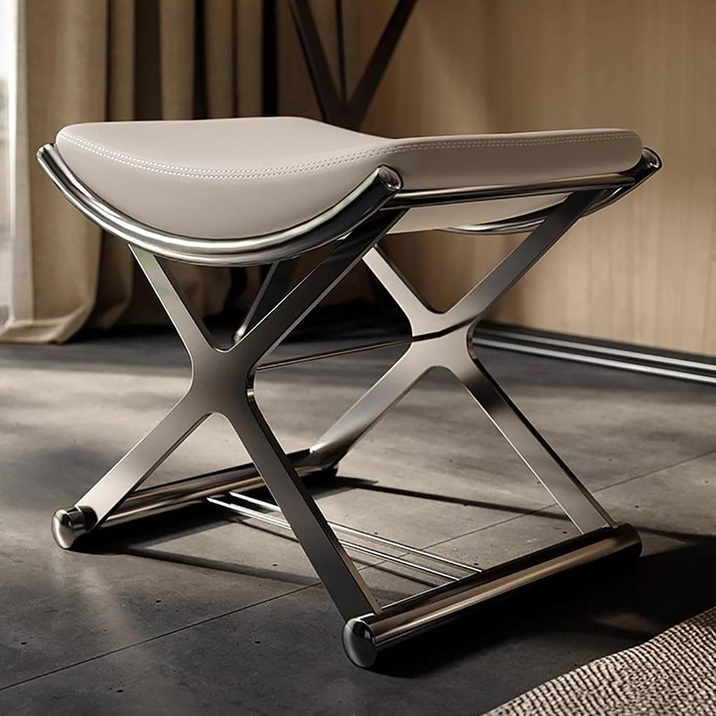 Luxury Vanity Stool with Metal X Legs,Faux Leather Ottoman Stool,Small Padded Vanity Bench Foot Rest for Makeup Room, Living Room, Bathroom(45x38x45cm(18x15x18inch), Black)