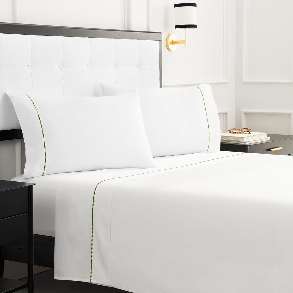 kate spade new york Dot Queen Sheet Set, 300 Thread Count and 100% Cotton, All Season 4 Piece Bedding Set, Machine Washable, White and Green